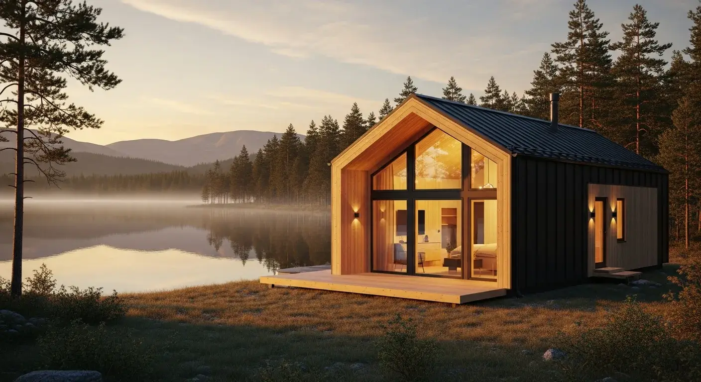 Modernes Tiny House mit Satteldach und Glasfront am ruhigen See im Wald bei warmem Abendlicht