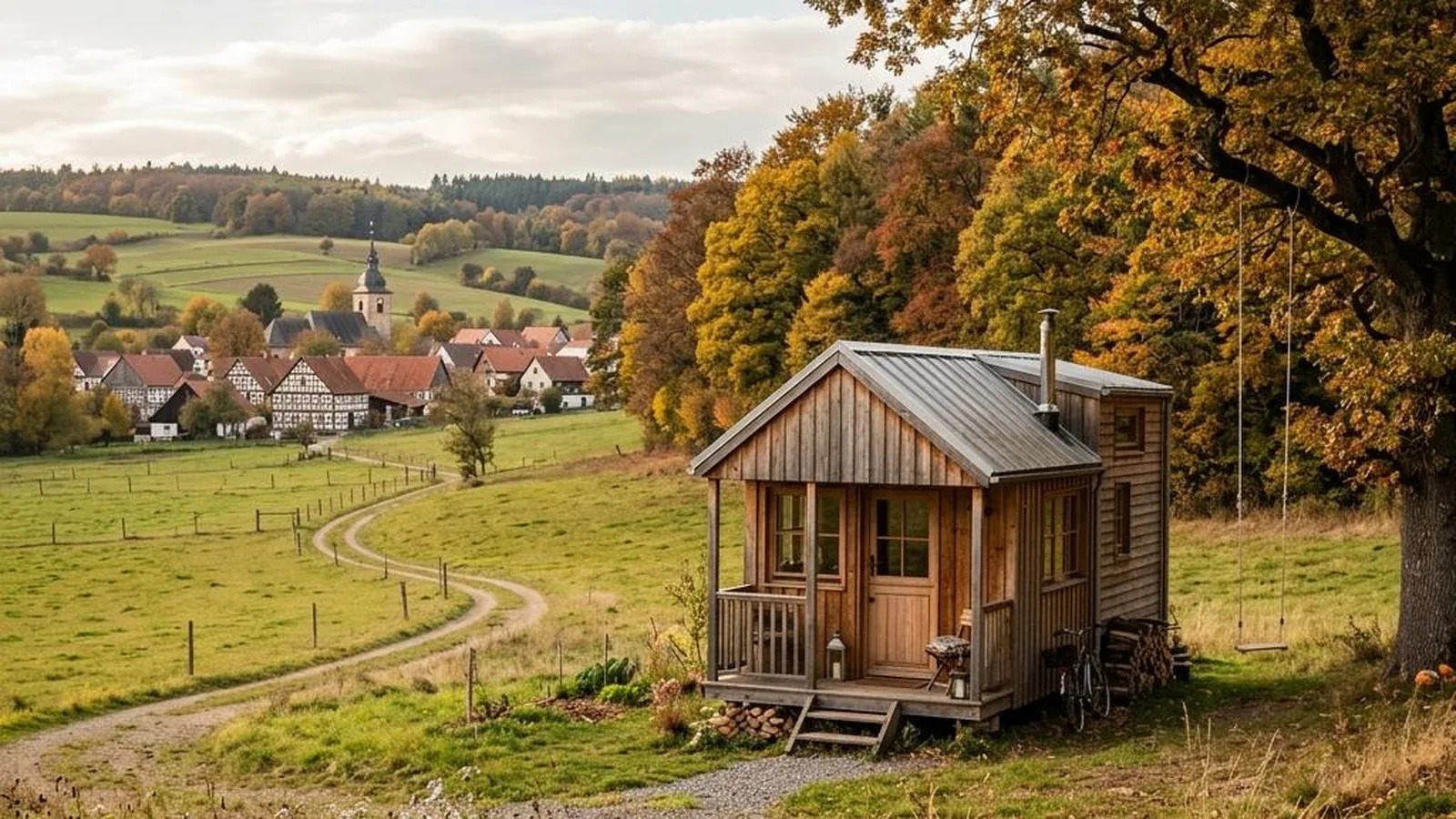 Tiny House zum Kaufen in Deutschland mit Holzfassade am Rand einer Dorfwiese im Herbst