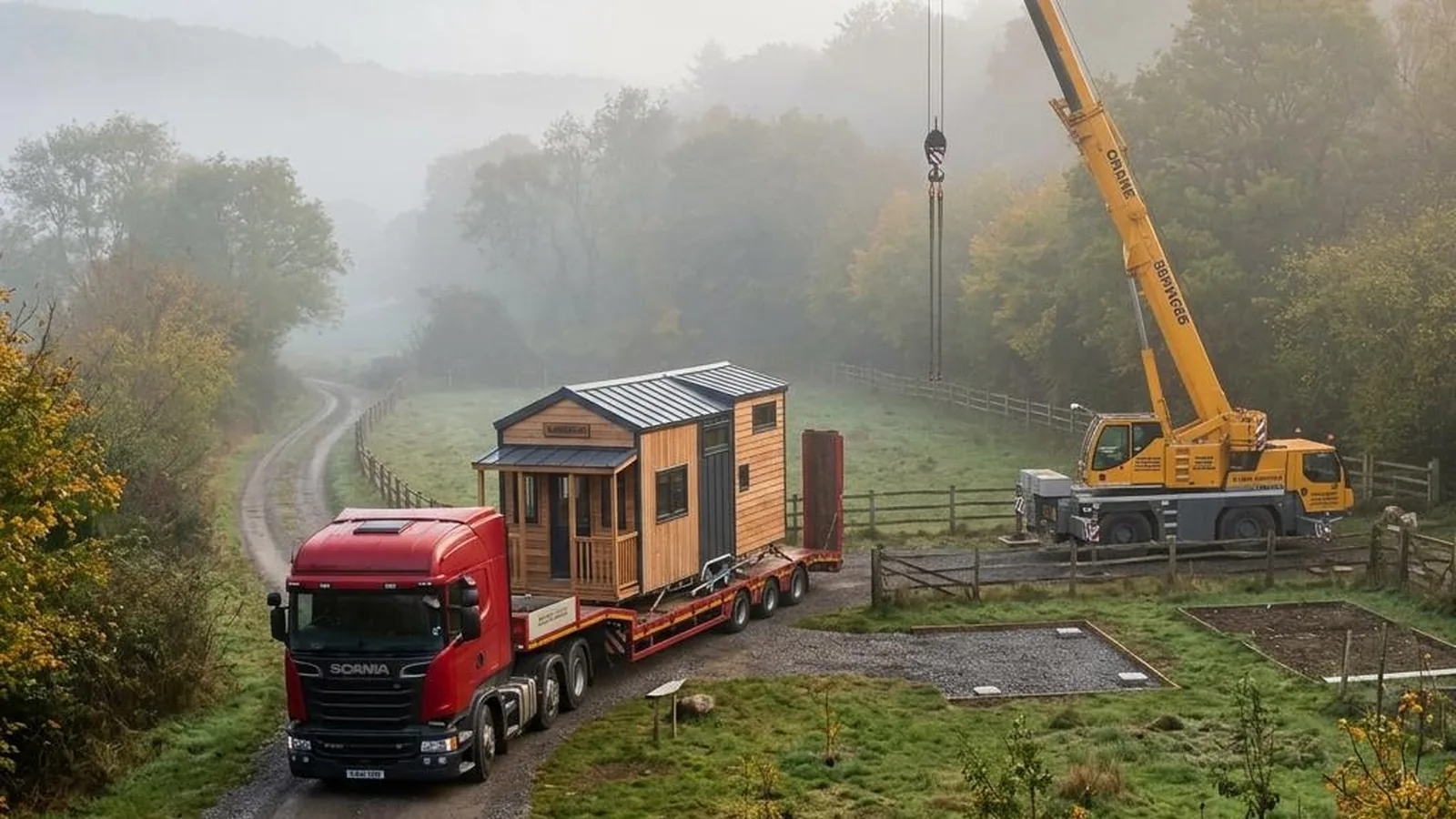 Tiny House zum Kaufen in Deutschland mit Anlieferung per Tieflader und Kran am Gartengrundstück