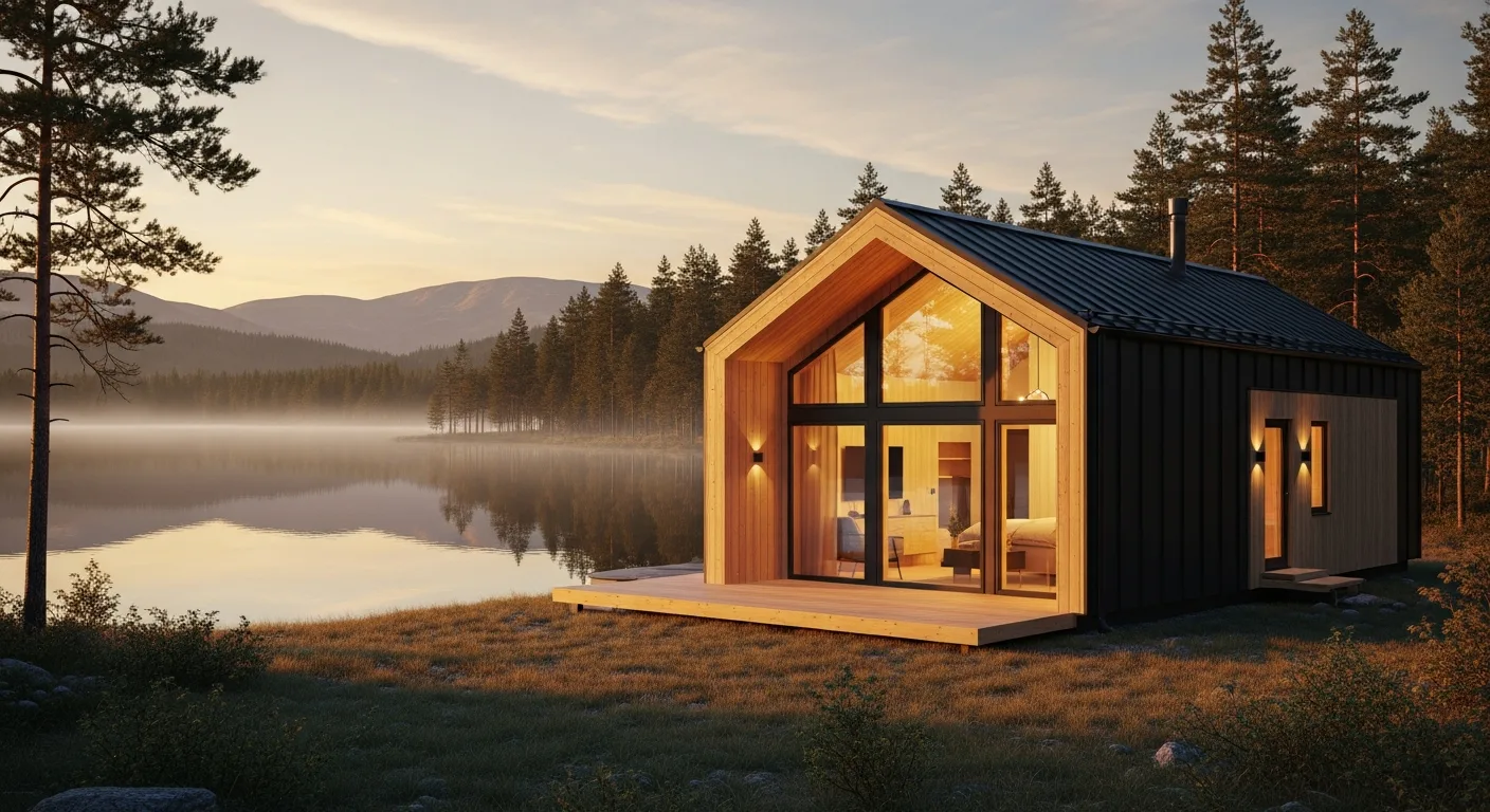 Premium Tinyhouse am See bei warmem Abendlicht