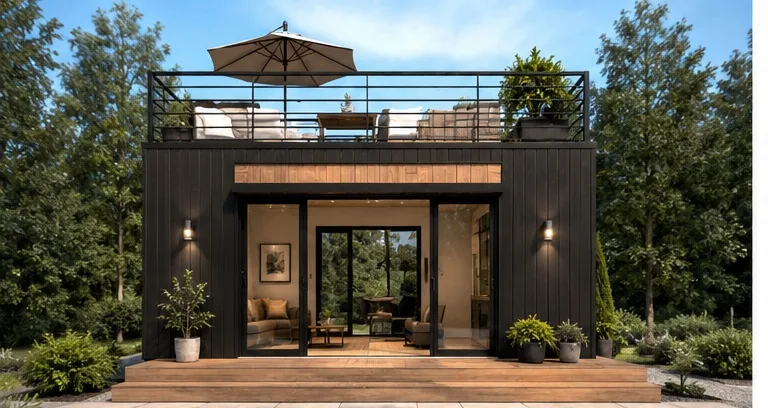 Modernes Tiny House mit Dachterrasse in Frontansicht, schwarzer Holzfassade, großen Glasfronten und stilvoller Terrasse