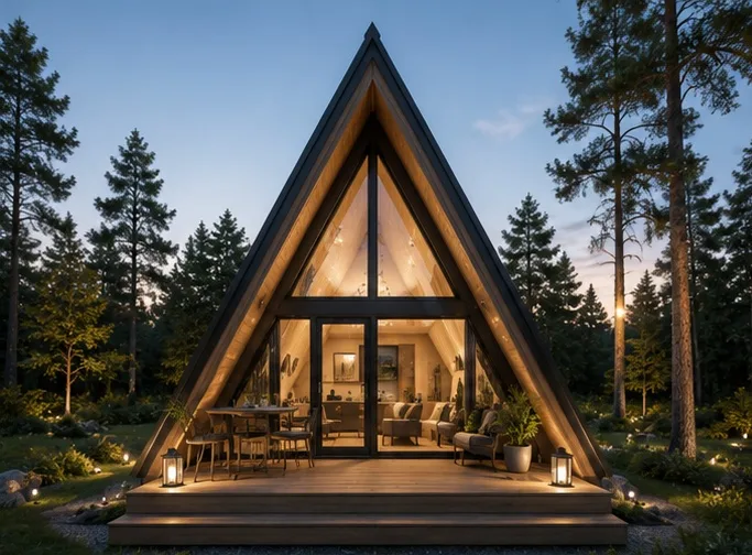 Modernes Tiny House in A-Frame-Form mit Holz- und Glasfront in Frontansicht im Wald