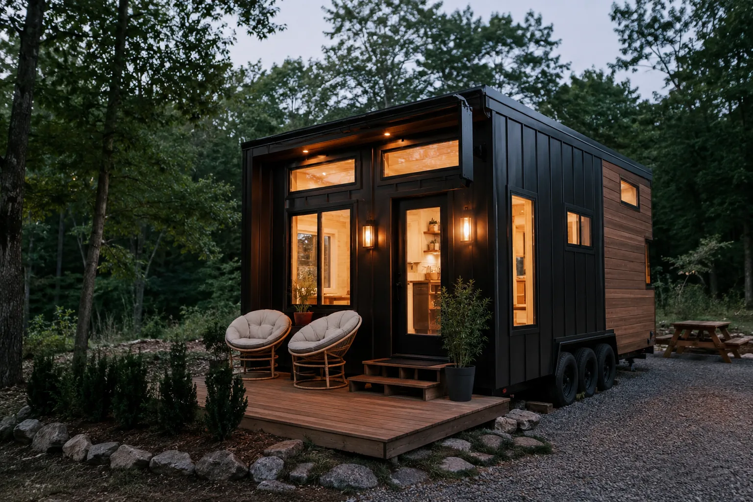 Mobiles Tiny House Nordic Nomad auf Rädern mit Terrasse in der Natur