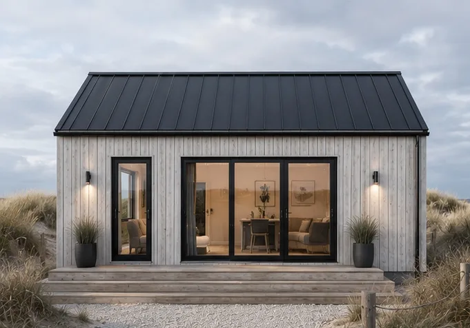 Modernes Tiny House im Nordsee Sylt Style mit hellem Holz, schwarzem Satteldach und Dünenlandschaft in Frontansicht