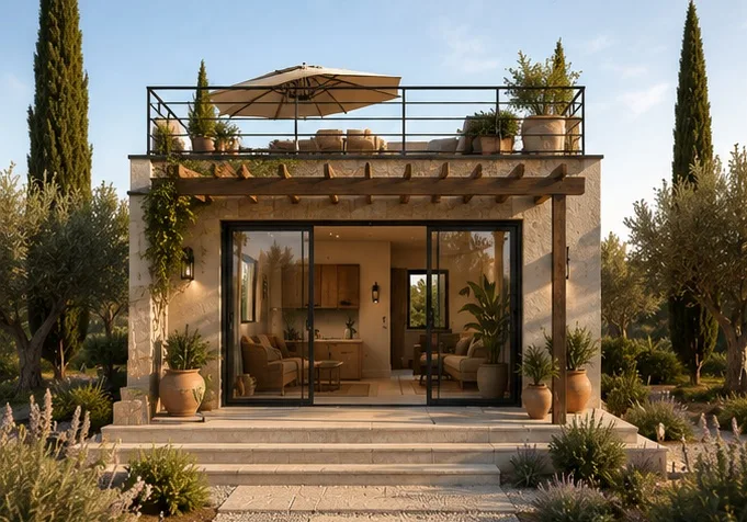 Modernes Tiny House im mediterranen Toskana-Stil mit Dachterrasse, Naturstein, Glasfront und Olivenbäumen in Frontansicht